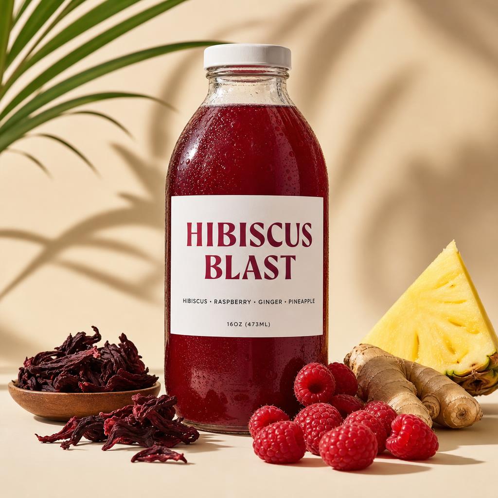 Hibiscus Blast juice bottle with hibiscus, raspberry, ginger root and pineapple