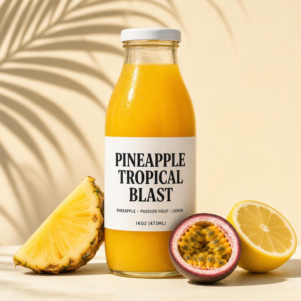 Pineapple Tropical Blast juice bottle with pineapple, passion fruit and lemon